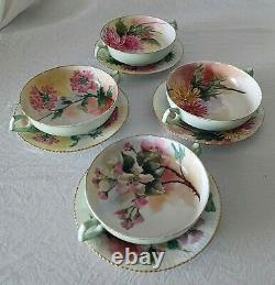 Antique T&V Limoges Hand Painted Flowers Porcelain Soup Bowls & Plates Set 8pcs