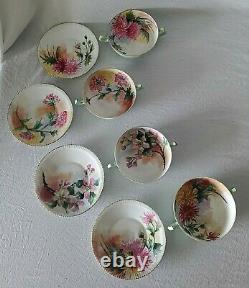 Antique T&V Limoges Hand Painted Flowers Porcelain Soup Bowls & Plates Set 8pcs
