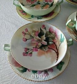 Antique T&V Limoges Hand Painted Flowers Porcelain Soup Bowls & Plates Set 8pcs