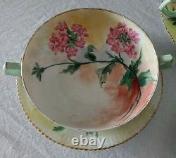 Antique T&V Limoges Hand Painted Flowers Porcelain Soup Bowls & Plates Set 8pcs