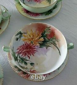 Antique T&V Limoges Hand Painted Flowers Porcelain Soup Bowls & Plates Set 8pcs