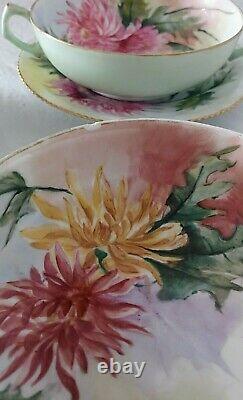 Antique T&V Limoges Hand Painted Flowers Porcelain Soup Bowls & Plates Set 8pcs