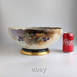 Antique T&V Limoges Hand-Painted Punch Bowl Blackberries, Wild Roses (1907-1919)
