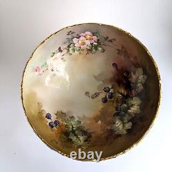Antique T&V Limoges Hand-Painted Punch Bowl Blackberries, Wild Roses (1907-1919)