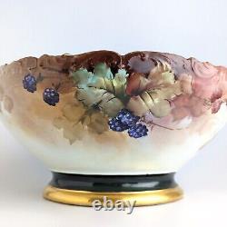 Antique T&V Limoges Hand-Painted Punch Bowl Blackberries, Wild Roses (1907-1919)