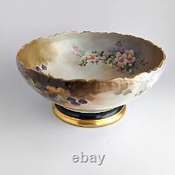 Antique T&V Limoges Hand-Painted Punch Bowl Blackberries, Wild Roses (1907-1919)