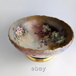 Antique T&V Limoges Hand-Painted Punch Bowl Blackberries, Wild Roses (1907-1919)