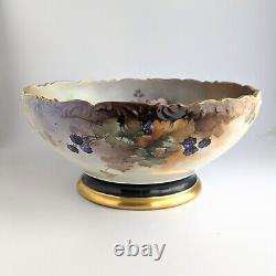 Antique T&V Limoges Hand-Painted Punch Bowl Blackberries, Wild Roses (1907-1919)