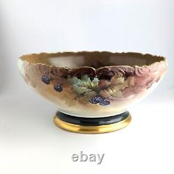 Antique T&V Limoges Hand-Painted Punch Bowl Blackberries, Wild Roses (1907-1919)
