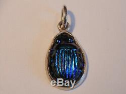 Antique Tiffany Favrile Art Glass Cobalt Blue Scarab Sterling Silver Pendant