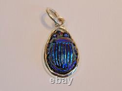 Antique Tiffany Favrile Art Glass Cobalt Blue Scarab Sterling Silver Pendant