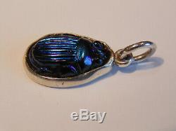 Antique Tiffany Favrile Art Glass Cobalt Blue Scarab Sterling Silver Pendant