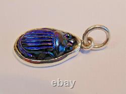 Antique Tiffany Favrile Art Glass Cobalt Blue Scarab Sterling Silver Pendant