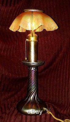 Antique Tiffany Favrile Glass Candlestick Lamp And Shade