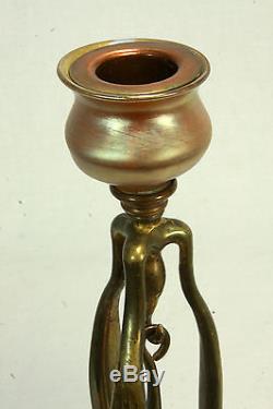 Antique Tiffany Studios Gold Dore Bronze Candlestick Holder with Glass c1910