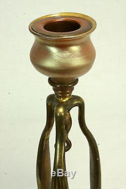 Antique Tiffany Studios Gold Dore Bronze Candlestick Holder with Glass c1910