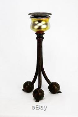 Antique Tiffany Studios Gold Favrile Glass and Bronze Candlestick