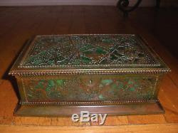 Antique Tiffany Studios NY Grapevine large bronze & slag glass jewelry box 830