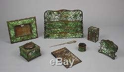 Antique Tiffany Studios Pine Needle Desk Set, 8-Piece, Early 20th C, Stamped
