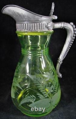 Antique Vaseline Glass Syrup Pitcher with Lid Quadrupleplate James Tufts Pairpoint