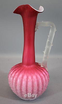 Antique Victorian American Mother-of-Pearl Quilted Satin Glass Ewer Thorn Handle