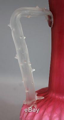 Antique Victorian American Mother-of-Pearl Quilted Satin Glass Ewer Thorn Handle