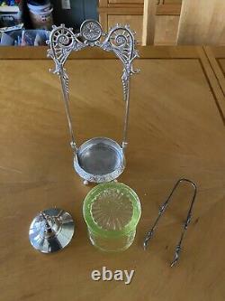 Antique Victorian Uranium Glass Pickle Caster Complete Vaseline Glass & Silver