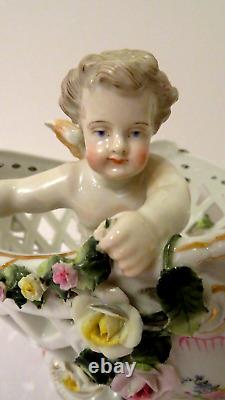 Antique Von Schierholz Dresden German Porcelain 10x10x7 Cherub Bowl Vase Basket