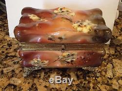 Antique WAVE CREST Puffy Egg Crate Rectangular Brown DRESSER BOX 7 Face Feet