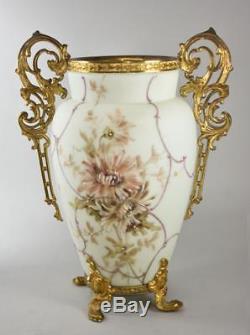 Antique Wave Crest Chrysanthemum Details Footed Vase Ormolu Handles 12.5