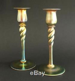 Antique c1910 Pair Steuben Signed Aurene Art Glass Candlesticks Beautiful Set