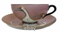 Art Deco Seven Lucky Cranes Pink & Black Tea Cup & Saucer Antique Rare China