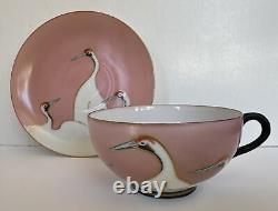Art Deco Seven Lucky Cranes Pink & Black Tea Cup & Saucer Antique Rare China