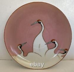 Art Deco Seven Lucky Cranes Pink & Black Tea Cup & Saucer Antique Rare China