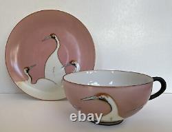 Art Deco Seven Lucky Cranes Pink & Black Tea Cup & Saucer Antique Rare China