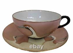 Art Deco Seven Lucky Cranes Pink & Black Tea Cup & Saucer Antique Rare China
