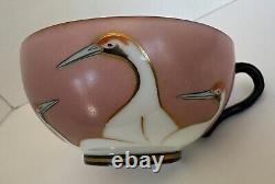 Art Deco Seven Lucky Cranes Pink & Black Tea Cup & Saucer Antique Rare China