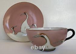 Art Deco Seven Lucky Cranes Pink & Black Tea Cup & Saucer Antique Rare China