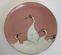 Art Deco Seven Lucky Cranes Pink & Black Tea Cup & Saucer Antique Rare China
