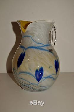 Art Glass Blenko #6 Heart and Vine Pitcher cased glass with Midnight blue Hearts