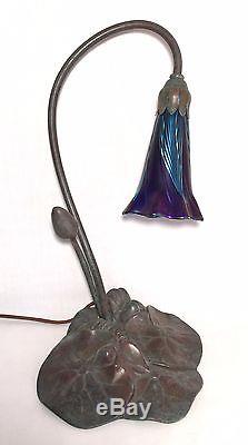 Art Nouveau Single Lily Table Lamp Base with Pulled Feather Art Glass Shade NR