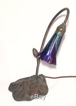 Art Nouveau Single Lily Table Lamp Base with Pulled Feather Art Glass Shade NR