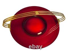 Atomic Ruby Red Glass Serving Tray Brass MCM Space Age Centerpiece Googie Jetson