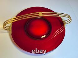 Atomic Ruby Red Glass Serving Tray Brass MCM Space Age Centerpiece Googie Jetson