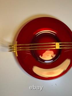 Atomic Ruby Red Glass Serving Tray Brass MCM Space Age Centerpiece Googie Jetson