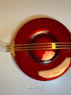 Atomic Ruby Red Glass Serving Tray Brass MCM Space Age Centerpiece Googie Jetson