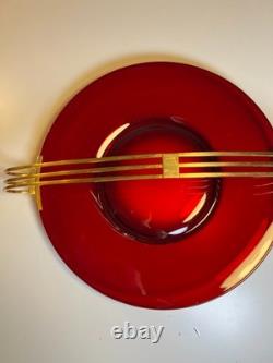 Atomic Ruby Red Glass Serving Tray Brass MCM Space Age Centerpiece Googie Jetson