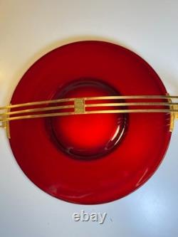 Atomic Ruby Red Glass Serving Tray Brass MCM Space Age Centerpiece Googie Jetson