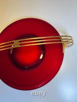 Atomic Ruby Red Glass Serving Tray Brass MCM Space Age Centerpiece Googie Jetson
