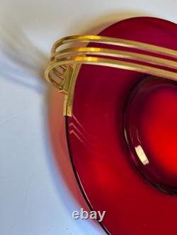 Atomic Ruby Red Glass Serving Tray Brass MCM Space Age Centerpiece Googie Jetson
